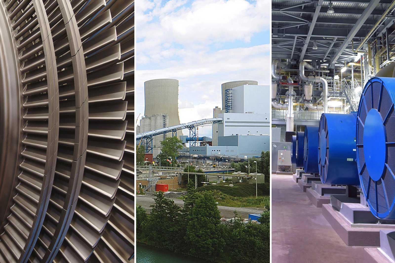 A turbine, a power plant, and large machines in an industrial setting, representing energy technology.