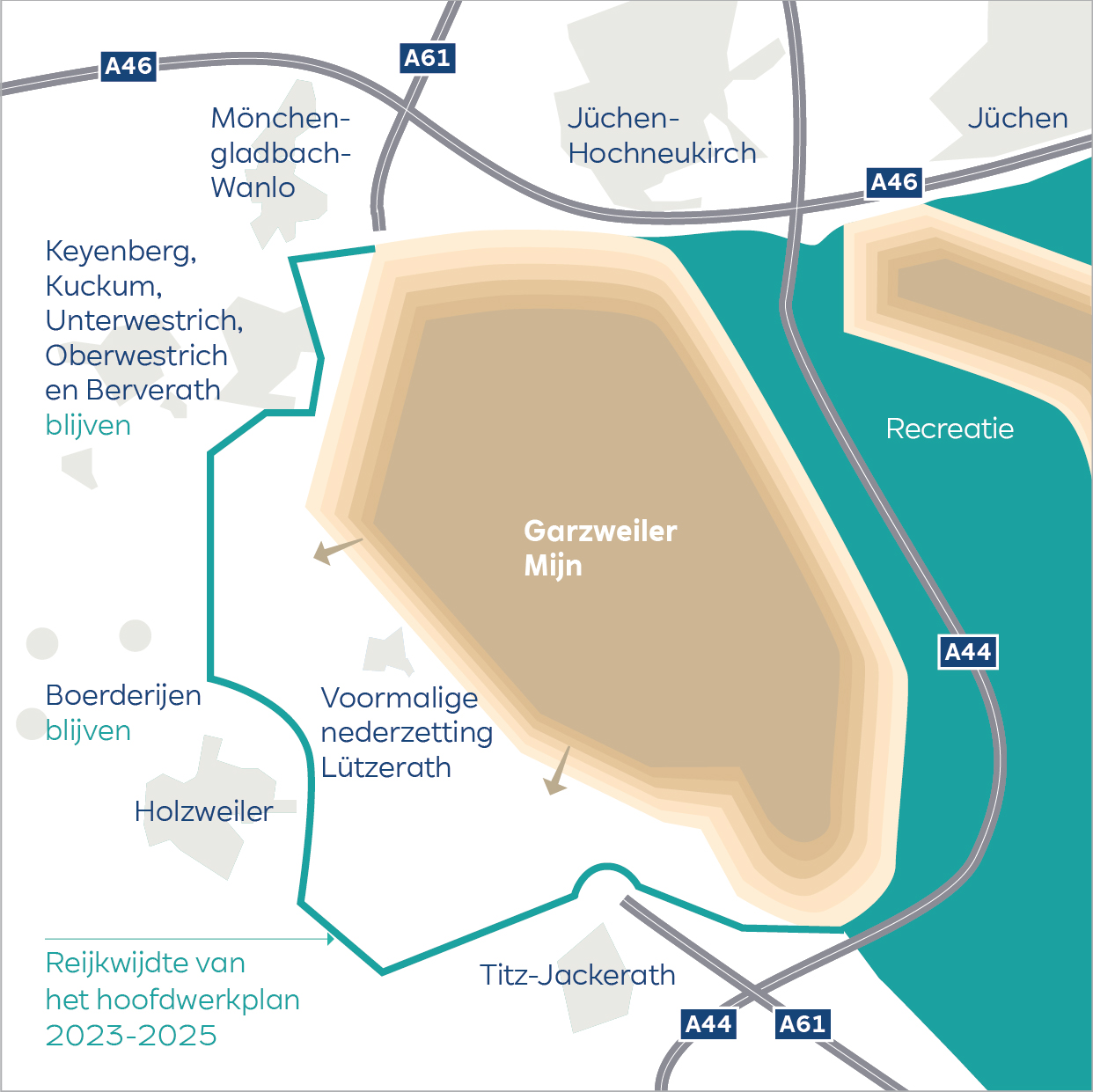 Een kaart die het gebied van de Garzweiler Mijn en de omliggende steden, waaronder Keyenberg en Jüchen, met wegen toont.