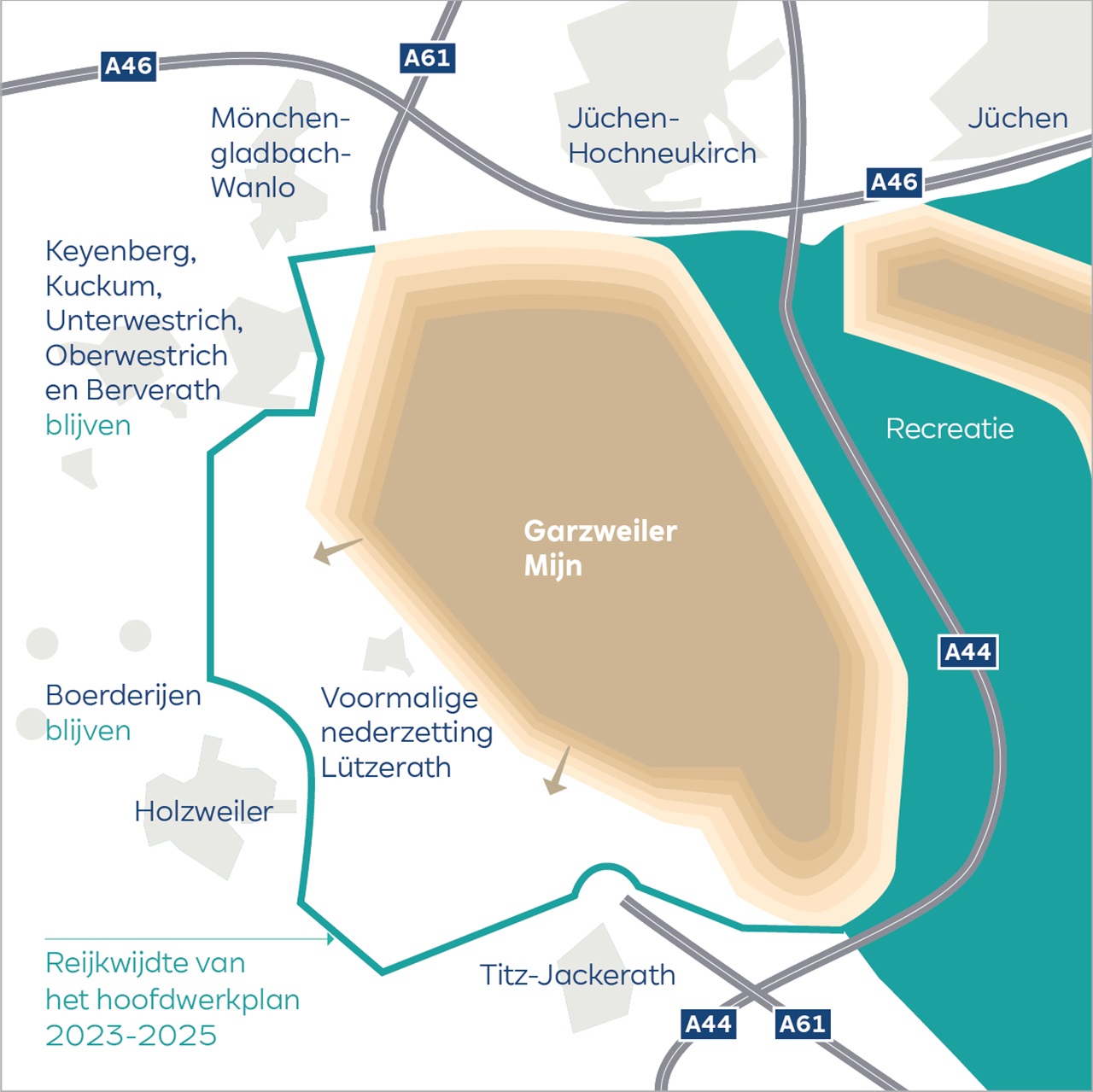 Een kaart die het gebied van de Garzweiler Mijn en de omliggende steden, waaronder Keyenberg en Jüchen, met wegen toont.