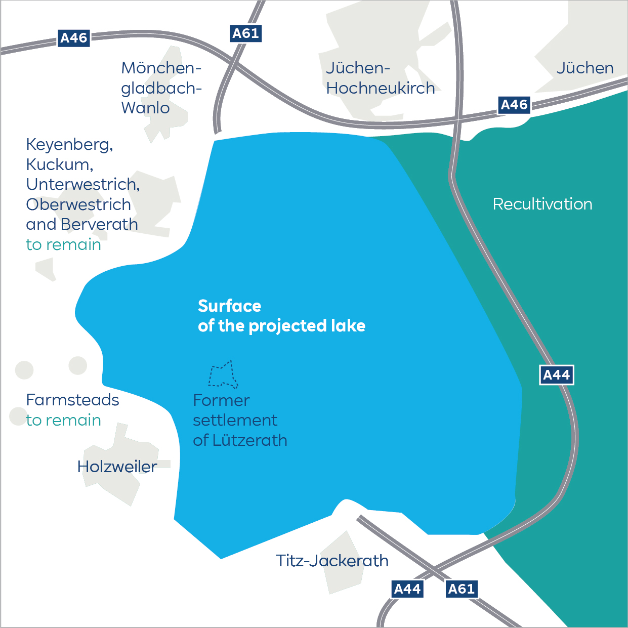 Map showing the surface of a projected lake with nearby settlements and roads in the region.