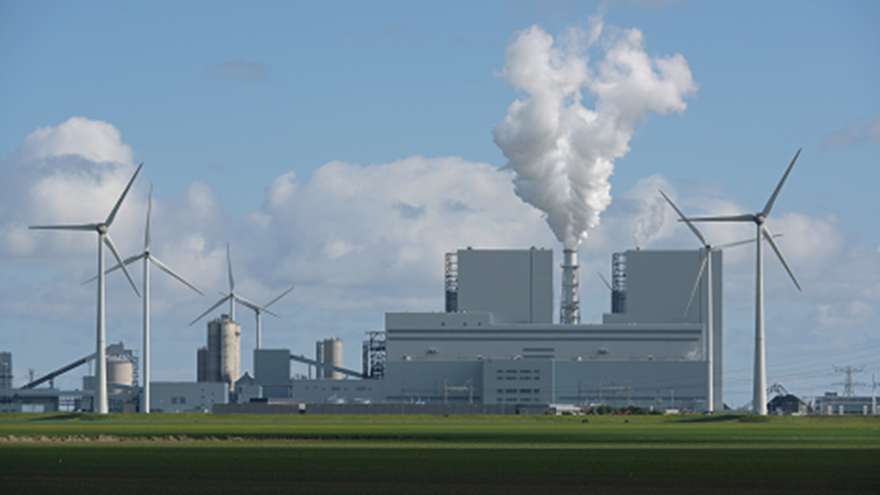 Op de achtergrond zijn windturbines en een industriële complex met rook die uit een schoorsteen komt.