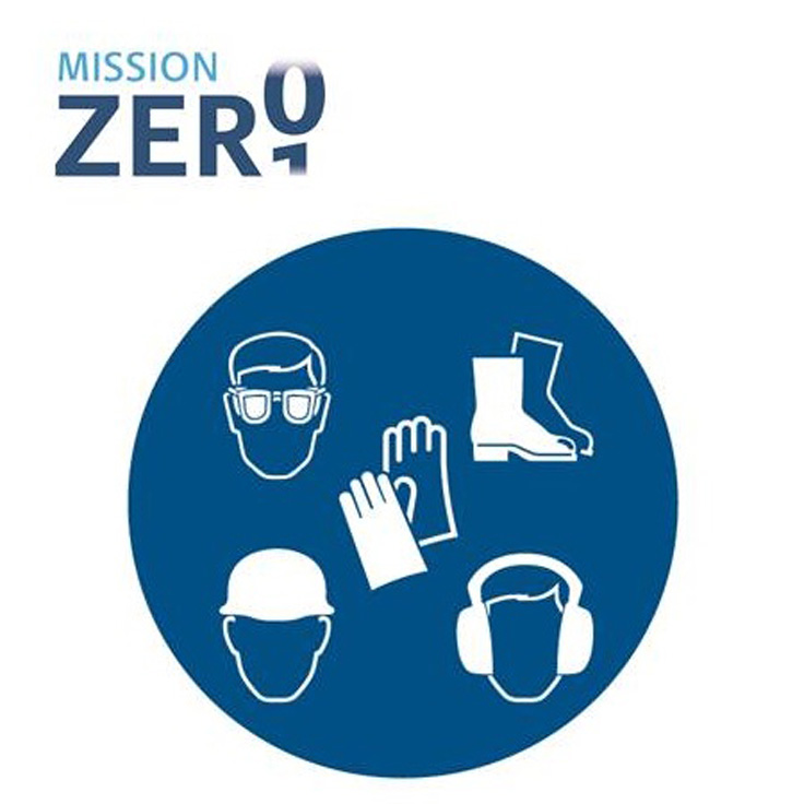 Een illustratie voor 'Mission Zero' met veiligheidsuitrusting: brillen, handschoenen, laarzen, een veiligheidshelm en oorkappen.