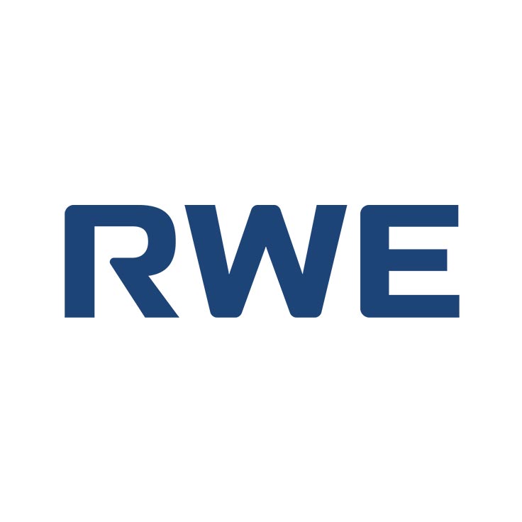 The logo of RWE, featuring bold blue letters 'RWE' on a white background.