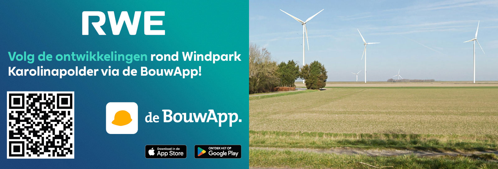 Een groene en blauwe achtergrond met de tekst 'RWE' en een QR-code. Op de achtergrond staan windturbines en een grasland.