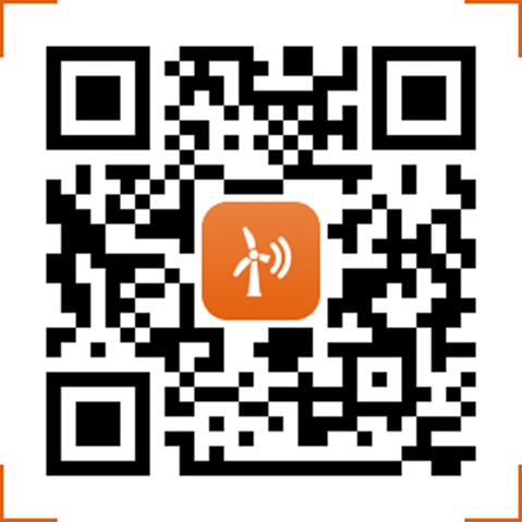 Een QR-code met een oranje windturbine-icoon in het midden, op een witte achtergrond.