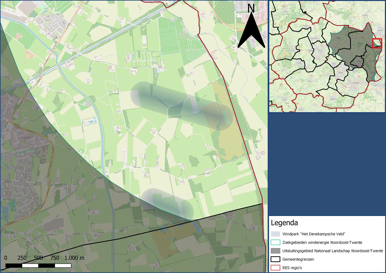 Kaart die verschillende landbouwvelden, wegen en structuren toont, met nadruk op de landelijke indeling en infrastructuur.
