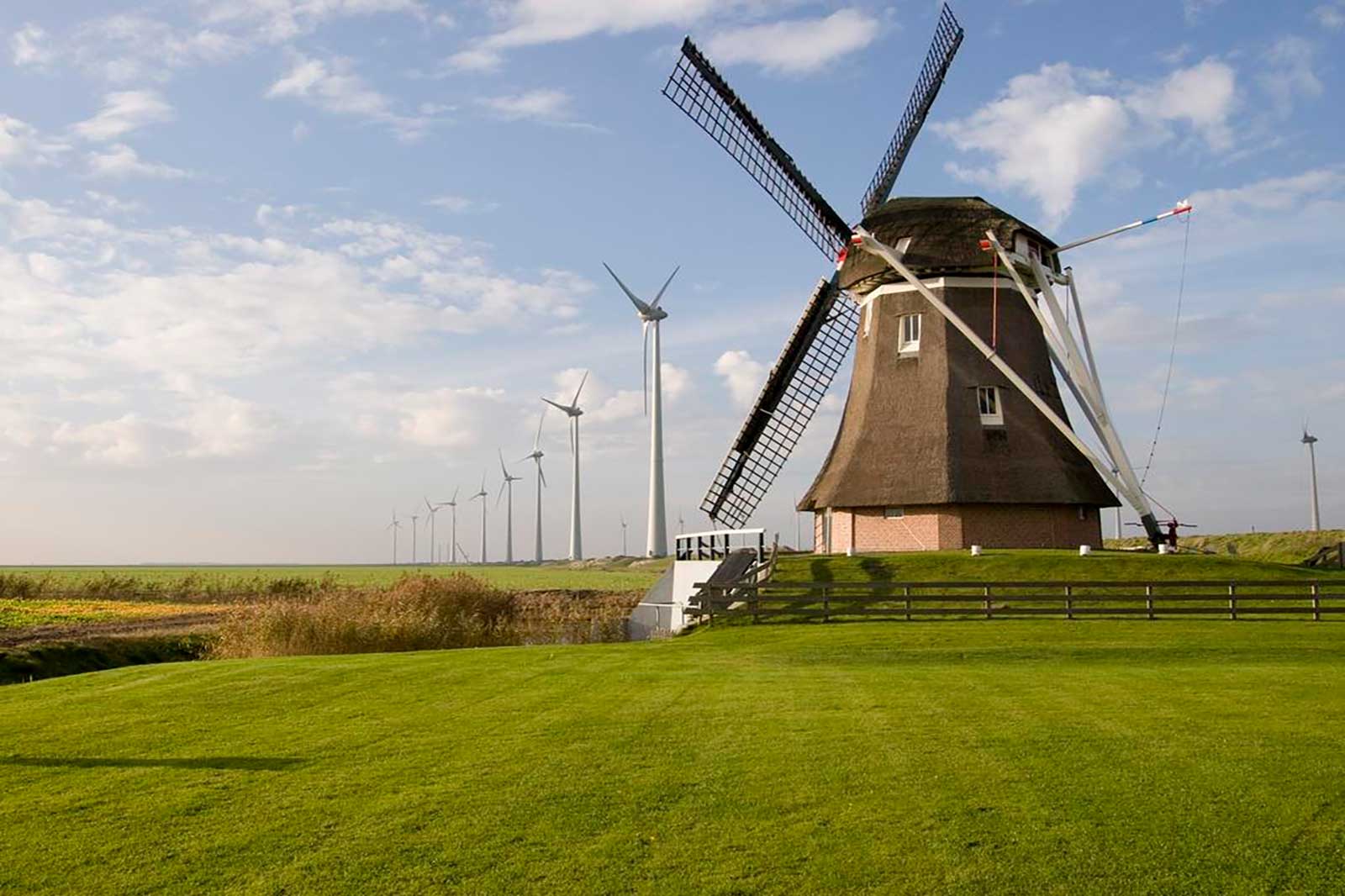 Een traditionele Nederlandse windmolen staat naast moderne windturbines in een groen veld onder een bewolkte lucht.