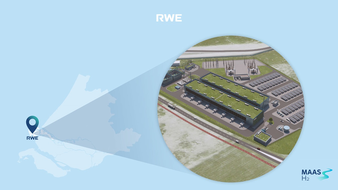 Een luchtfoto van een waterstoffaciliteit van RWE, met groene daken, zonnepanelen en een aangrenzende toegangsweg.