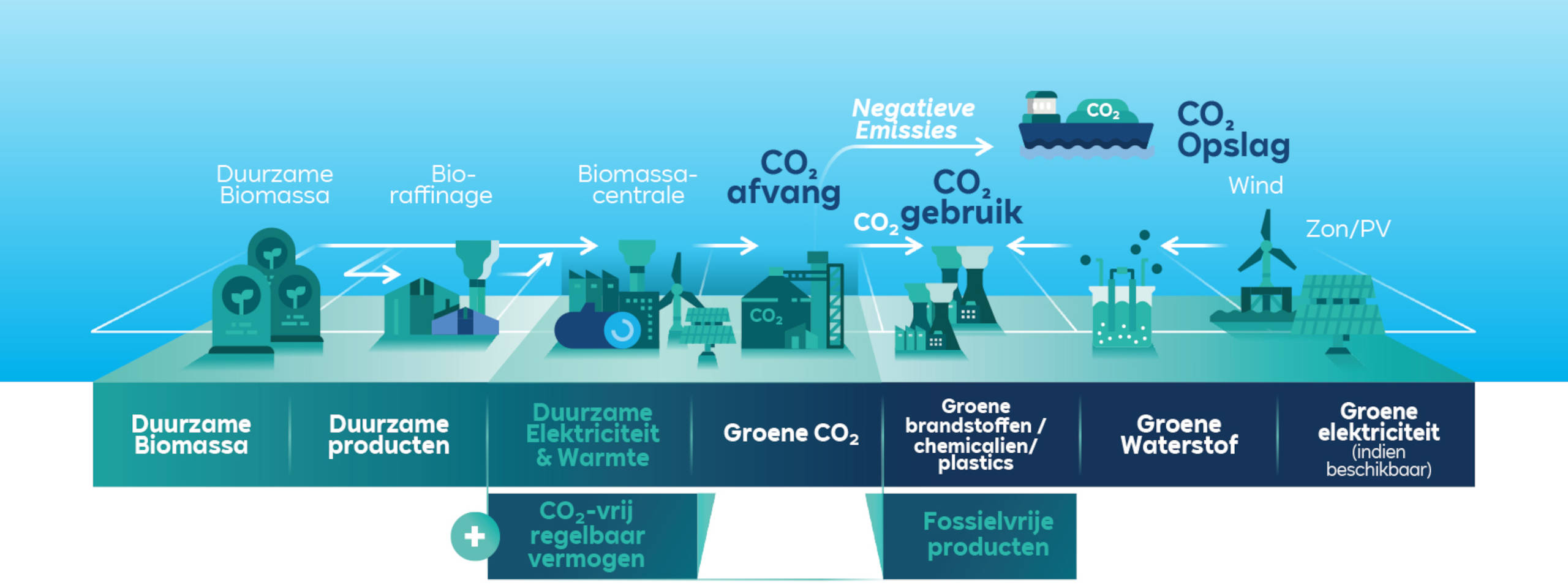 Infographic die duurzame biomassa, hernieuwbare energie, CO2-beheer en fossielvrije producten illustreert.