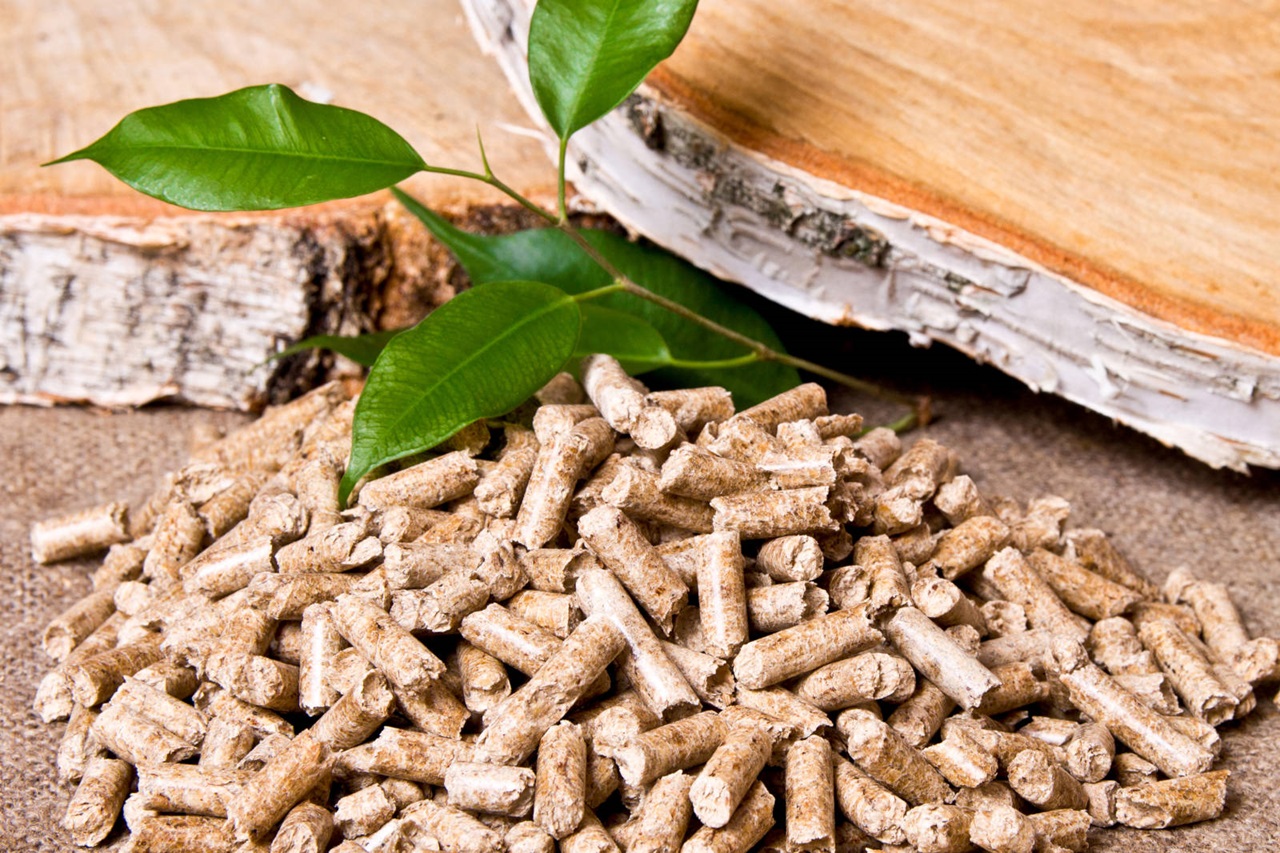 A pile of wood pellets with a green leaf, placed near a piece of wood on a textured surface.