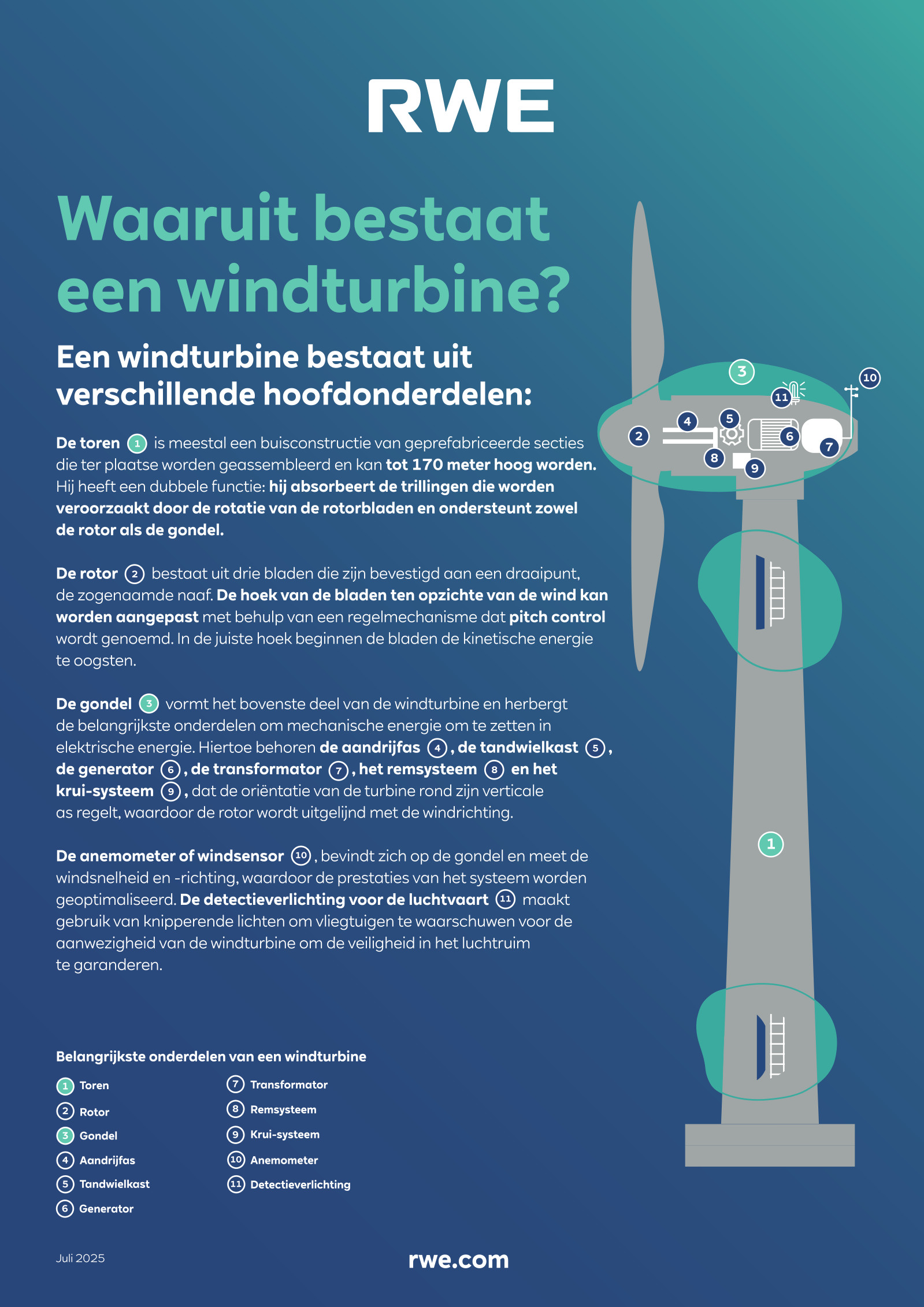 Een infographic die de onderdelen van een windturbine uitlegt, met labels en diagrammen voor duidelijkheid.