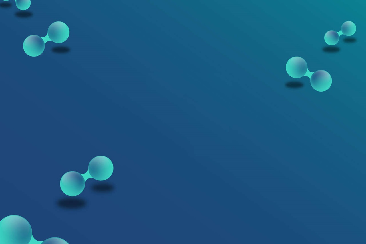 Several transparent, floating molecules are depicted on a dark blue background.