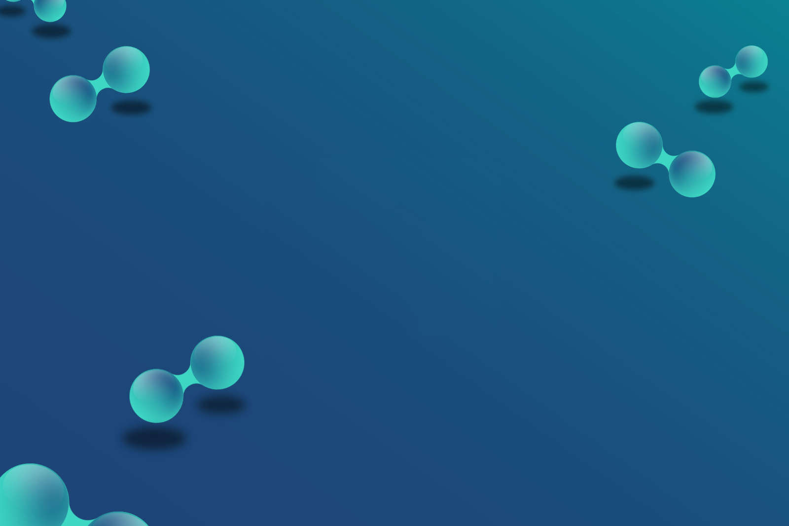 Op een donkerblauwe achtergrond zijn verschillende transparante, zwevende moleculen afgebeeld.