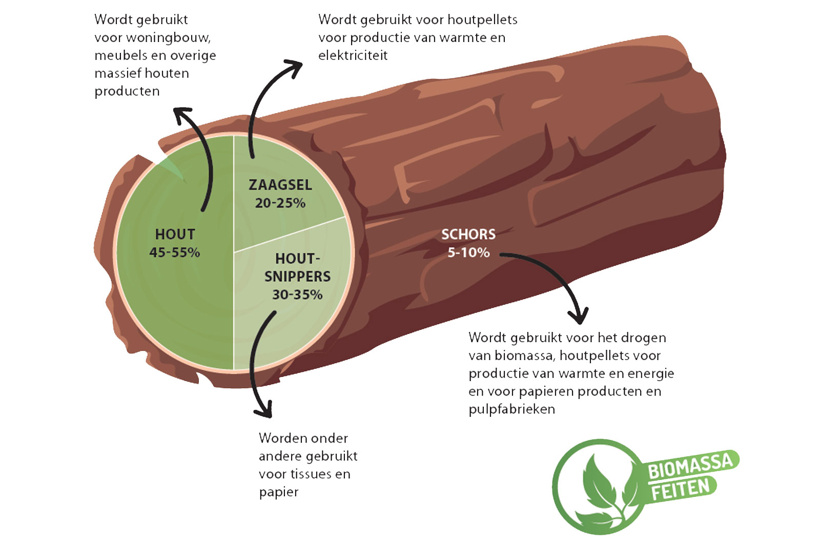 Een diagram dat de toepassingen van hout, zaagsel, houtsnippers en schors in biomassa-productie en papierproducten illustreert.