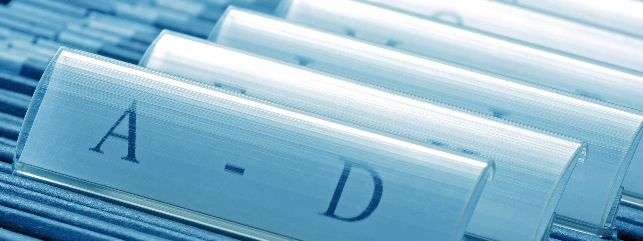 Transparent labels from A to D in an organisational system against a blue background.