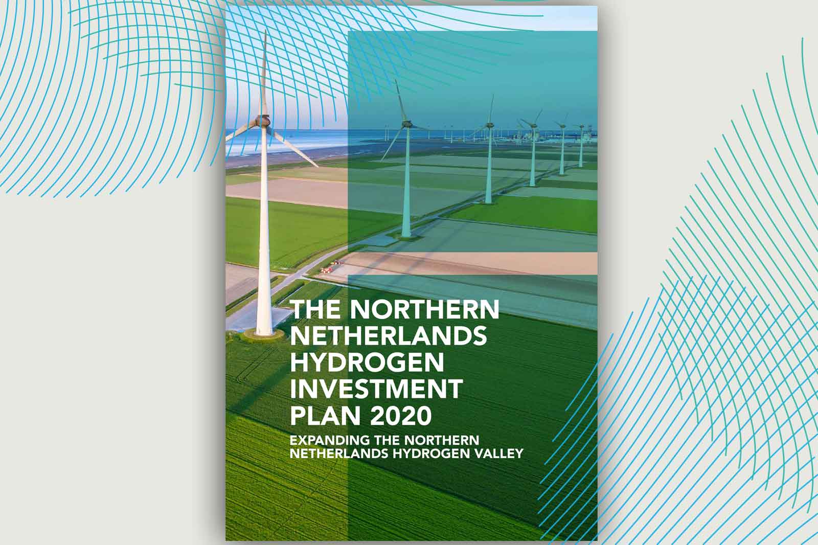 Luchtfoto van windturbines op groene velden met een omslag getiteld 'Het Noord-Nederlands Waterstofinvesteringsplan 2020'.
