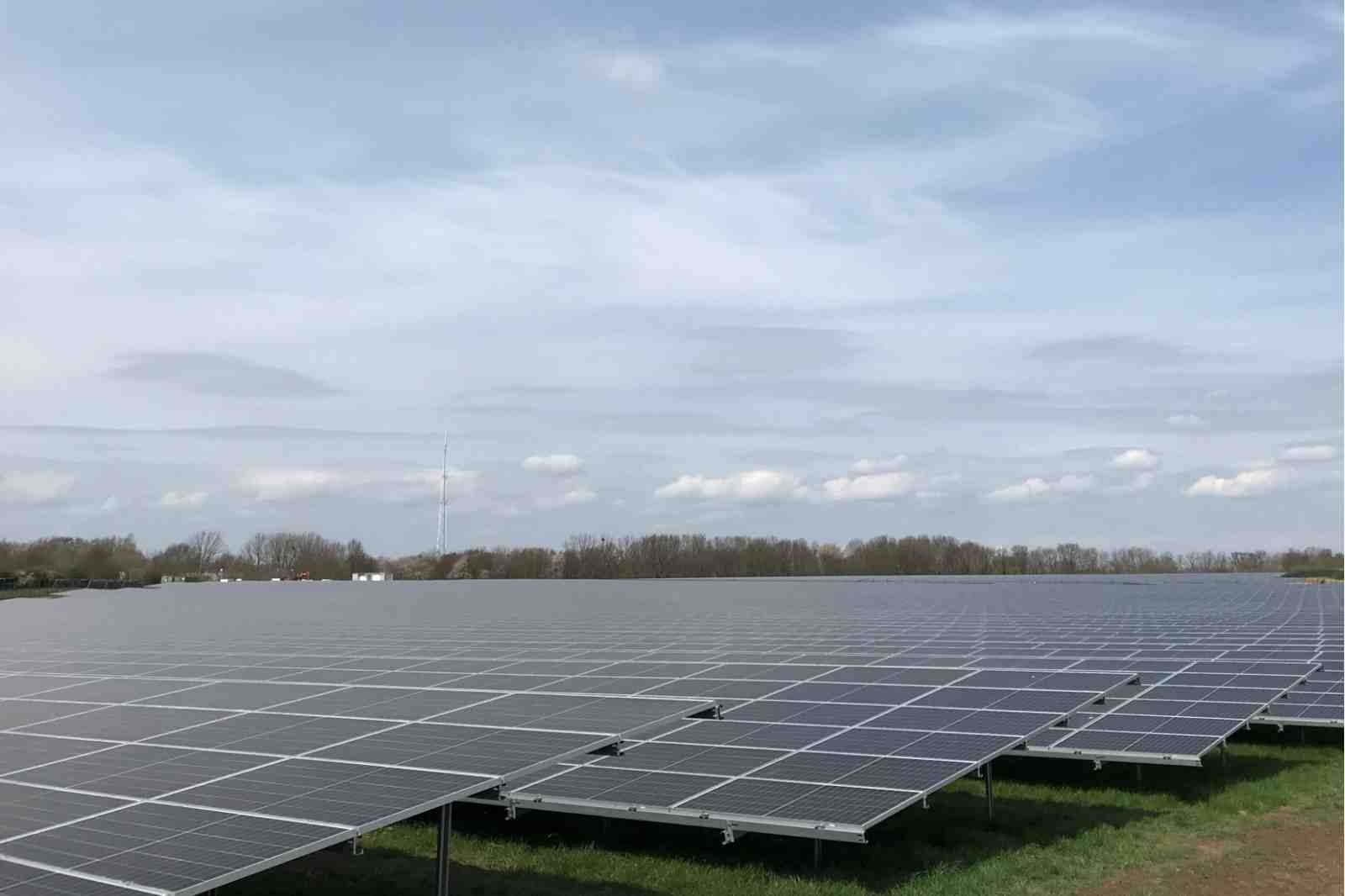 Een veld met zonnepanelen strekt zich uit onder een bewolkte lucht. Bomen zijn zichtbaar op de achtergrond.